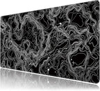 Black with White Topographic Line Large Mouse Pad, Gaming Keyboard Desk Pad by BAHDSISFA