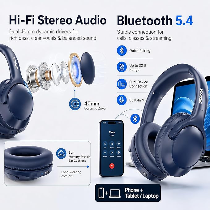 MIDOLA Bluetooth Headphones Over Ear 68H Playtime 6 EQ Wireless Headset - Image 9