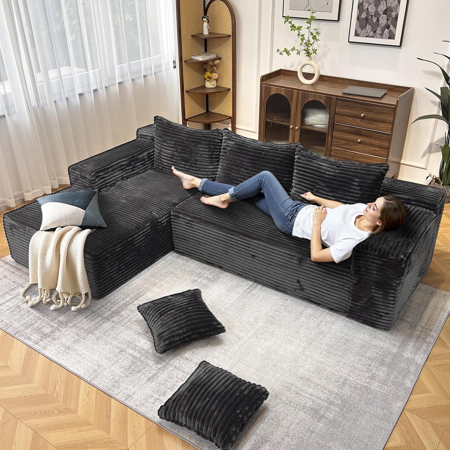 104" Modern Modular L-Shape Sofa Couch with Chaise Grey Faux Rabbit Fur Cloud Sectional Couch with Deep Seat Modular Sectional Sofa No Assembly Required Upholstered Couches for Living Room Bedroom