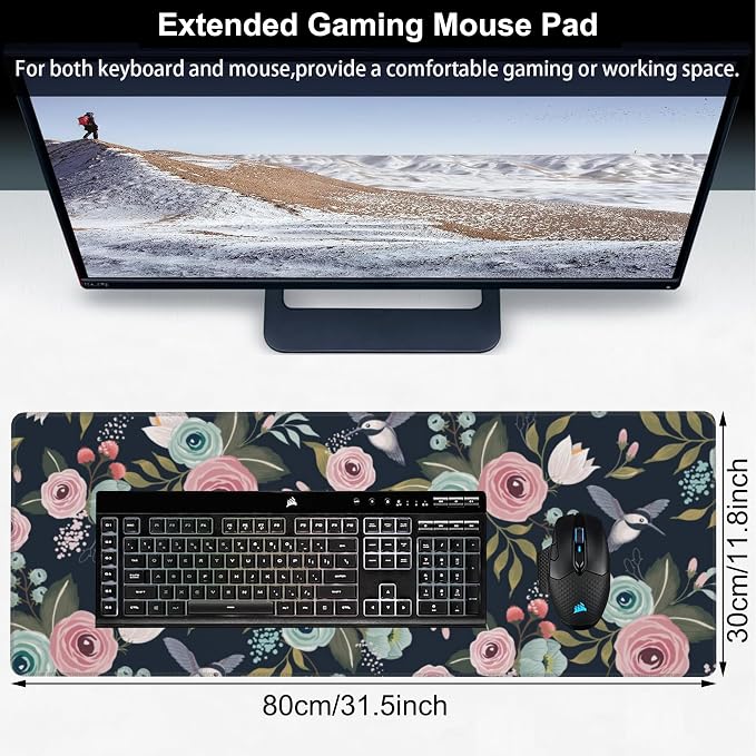 Colorful Flowers and Birds Desk Mat, Large Spring Floral Bird Gaming Keyboard - Image 2