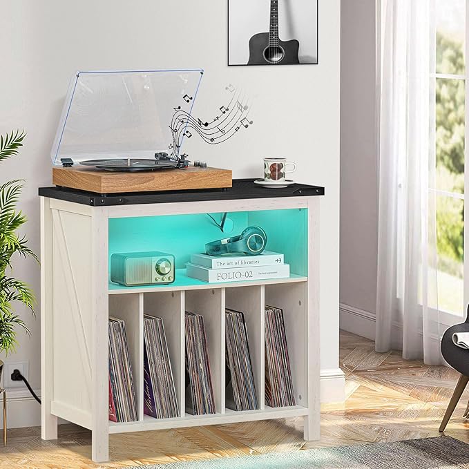 Large Record Player Stand with Charging Station & LED Lights, Vinyl Records - Image 8