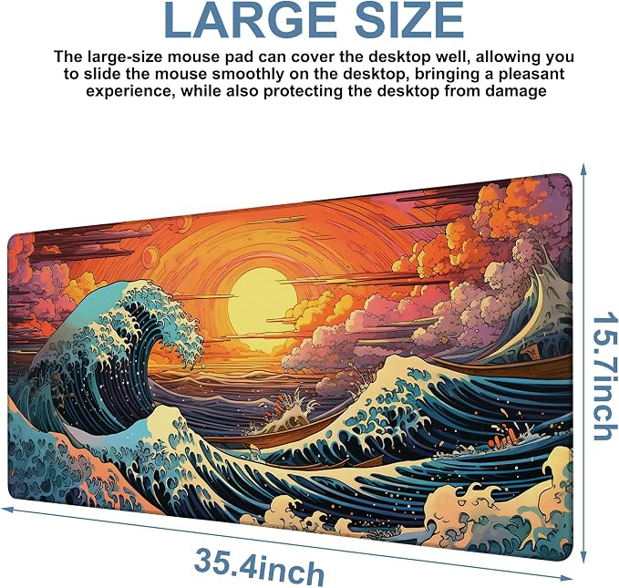 Gaming Desk Pad Large Extra Length Japanese Blue Waves Mouse Pad Keyboard - Image 3