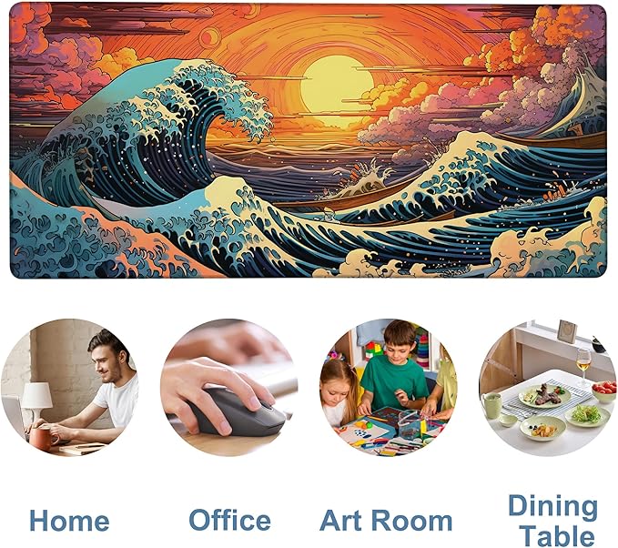 Gaming Desk Pad Large Extra Length Japanese Blue Waves Mouse Pad Keyboard - Image 5