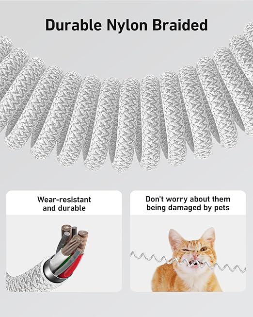 USB C to C Cable 6ft for Car, Coiled Braided USB Type C Cable 66W Fast Charging - Image 6