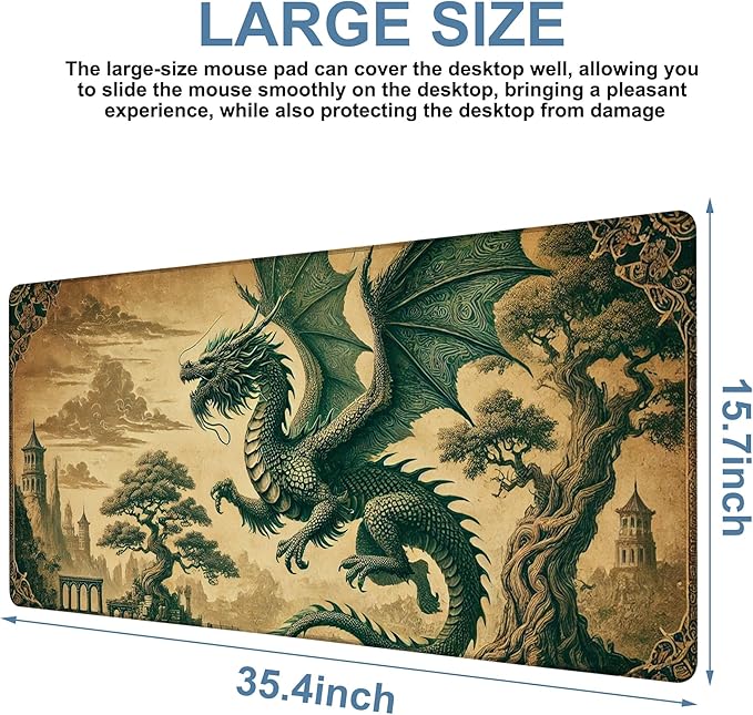 Vintage-Style Dragon Gaming Mouse Pad 3mm Thick Stitched Edge Waterproof - Image 3