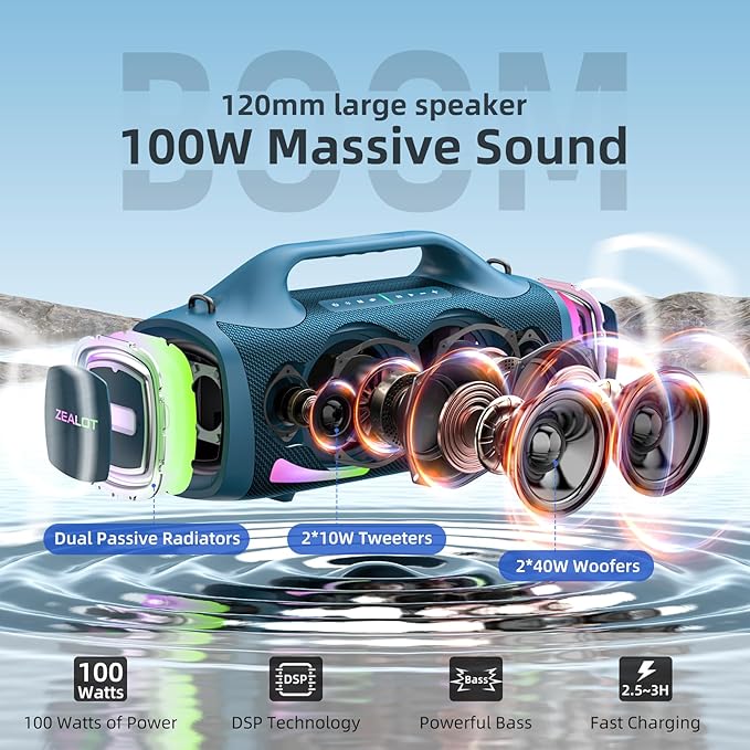 ZEALOT Bluetooth Speaker, 110W Peak Booming Sound Speakers Wireless, Dual - Image 2