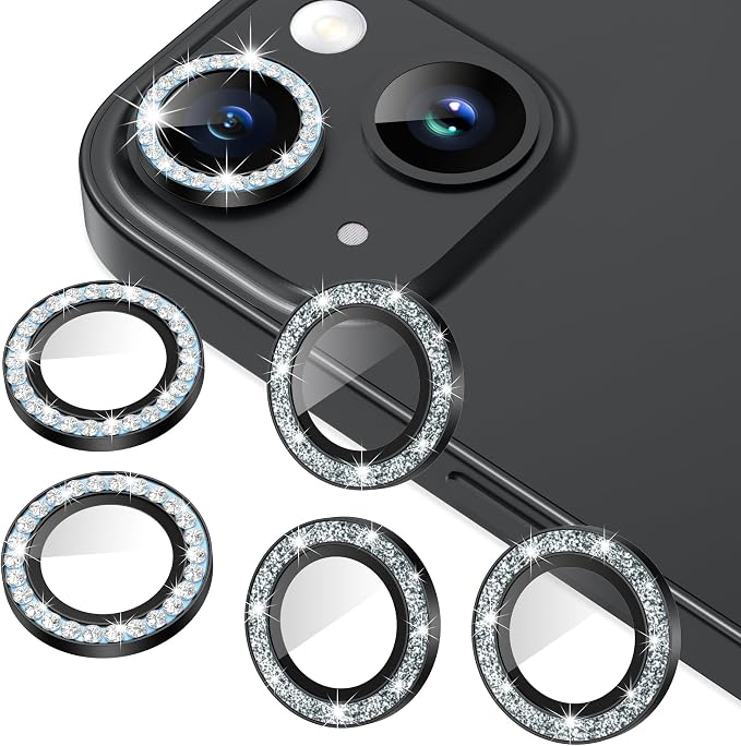 AGVEE 3+3 6 Pack for iPhone 15/15 Plus, Bling Diamond & Glitter Metal Ring 9H by AGVEE