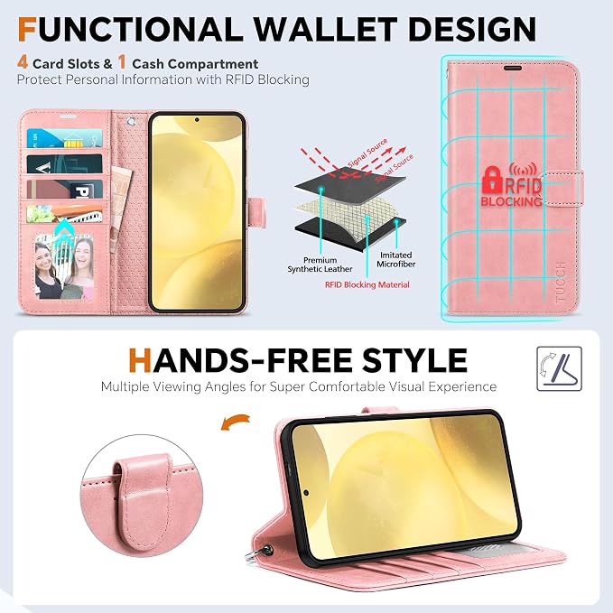 TUCCH Case for Galaxy S25 Plus, Wrist Strap Magnetic PU Leather Wallet Case - Image 5