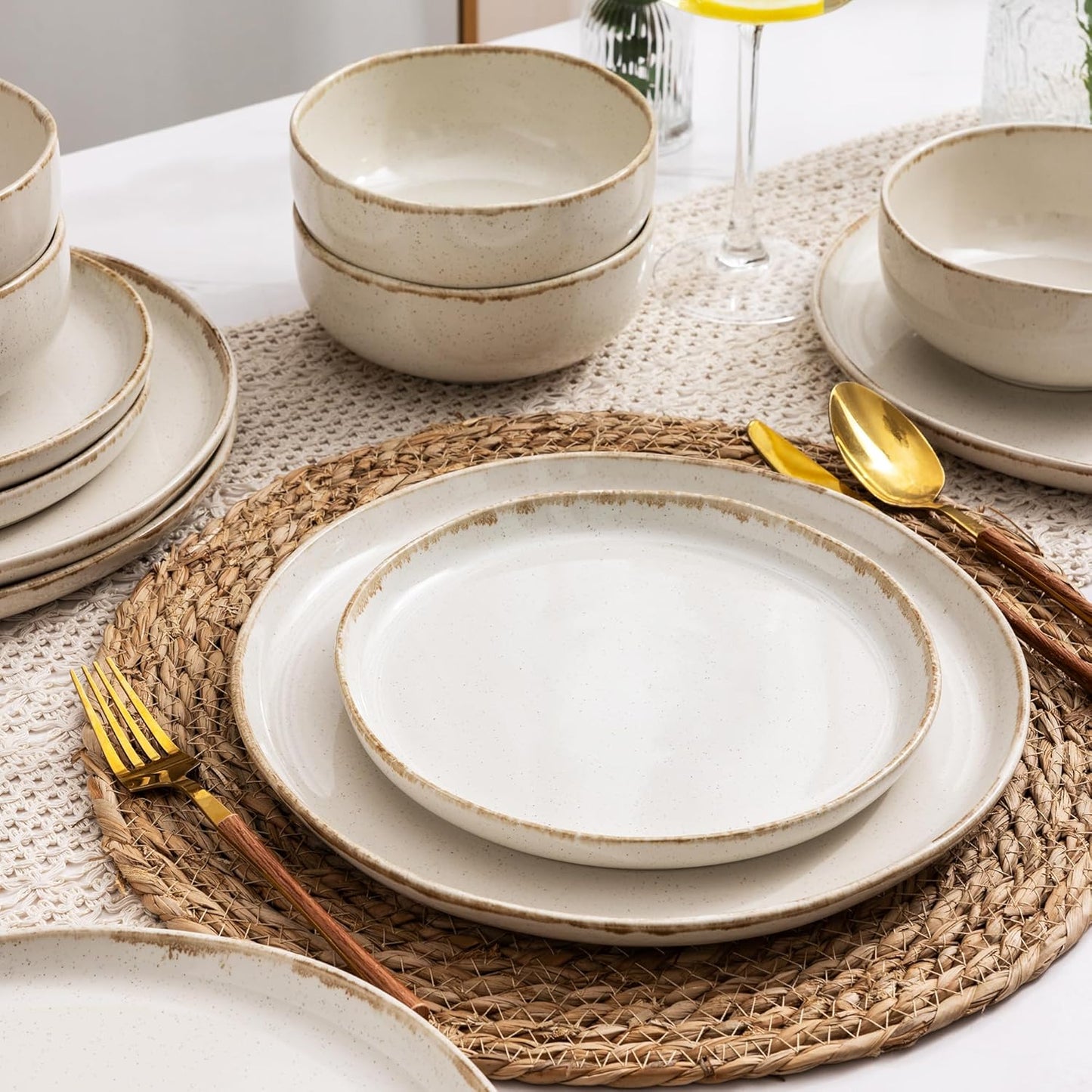 AmorArc Ceramic Dinnerware Sets, Wavy Rim Stoneware Plates and Bowls Sets, Highly Scratch Resistant | Dishwasher & Microwave Dishes set, Service for 8 (24pc)-Speckled Cappuccino