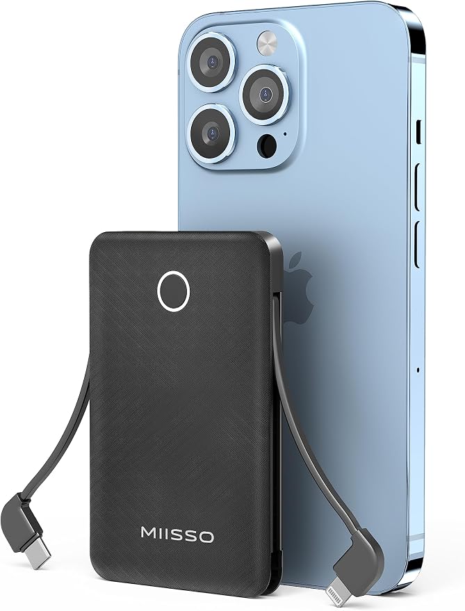 6000mah Ultra Slim Built in Cables Power Bank, Card Size Built in USB C Cords by MIISSO