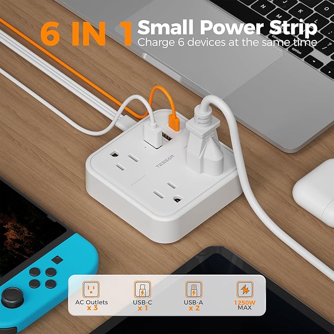 Extension Cord with Multiple Outlets 5 FT, TESSAN Small Flat Plug Power Strip - Image 2