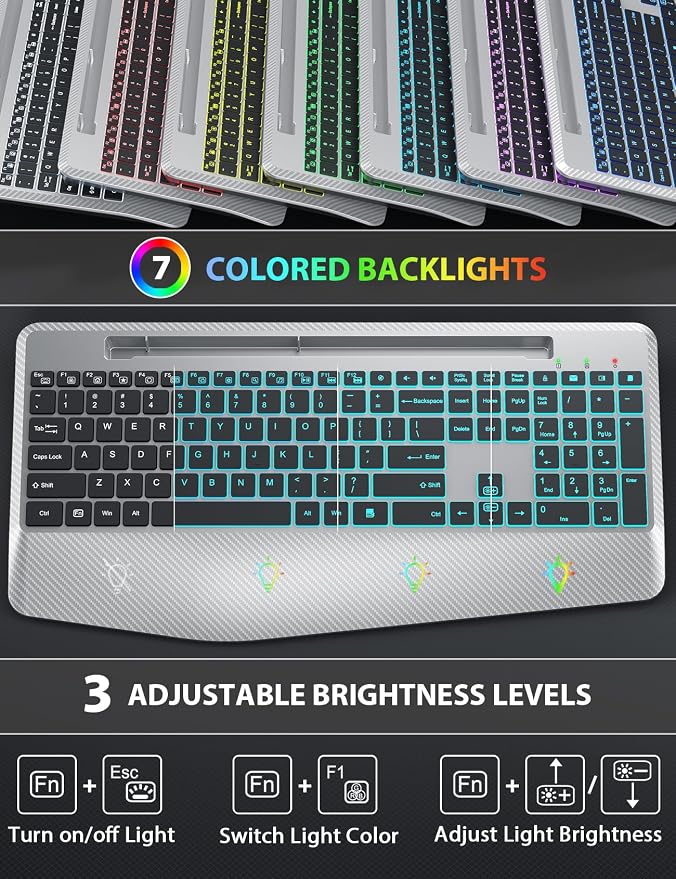 Wireless Keyboard and Mouse Backlits, Wrist Rest, LED Mouse, Rechargeable - Image 2