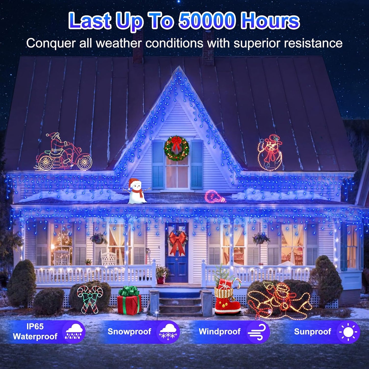 504LED 50ft Christmas Lights, 112Drops 12 Modes Blue Christmas String Lights Outdoor Dimmable, Waterproof Christmas Decoration Fairy Lights with Timer for Eaves Indoor Party Patio Window Fence Blue