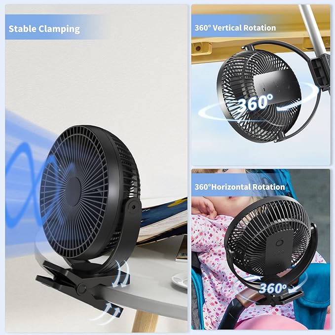 Clip on Fan, Rechargeable Portable Fan, 8 Inch Small Desk Fan - 10000mAh - Image 5