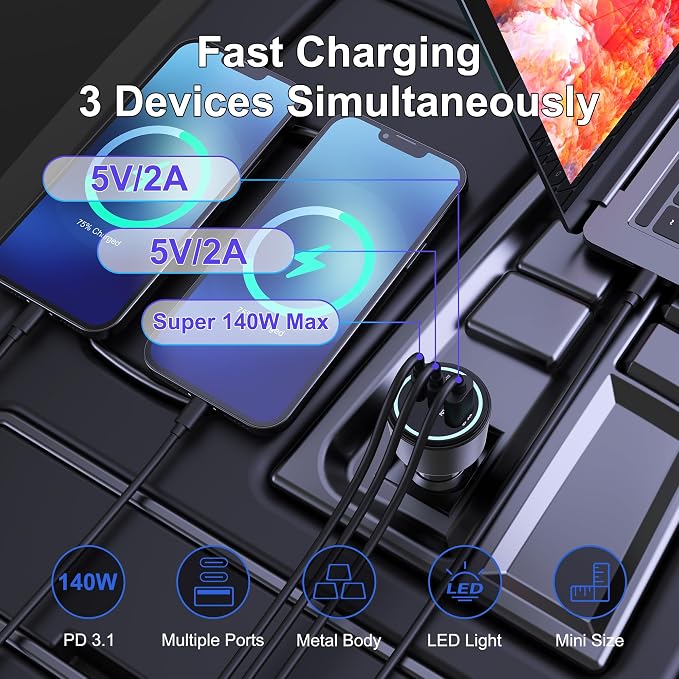 205W USB C Car Charger, 3-Ports PD3.1/PPS/QC3.0 Fast Charging Type C Cigarette - Image 8