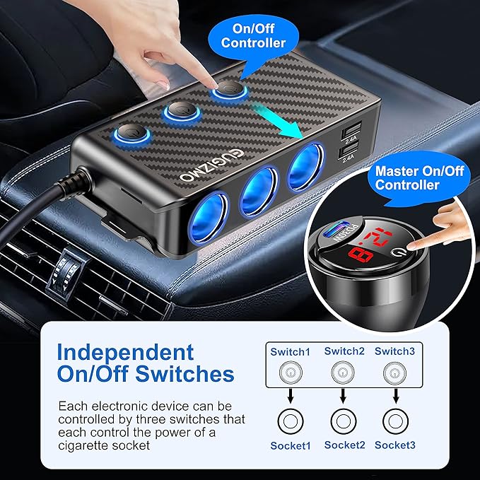 Cigarette Lighter Adapter, 222W 3 Socket Car Cigarette Lighter Plug USB Charger - Image 4