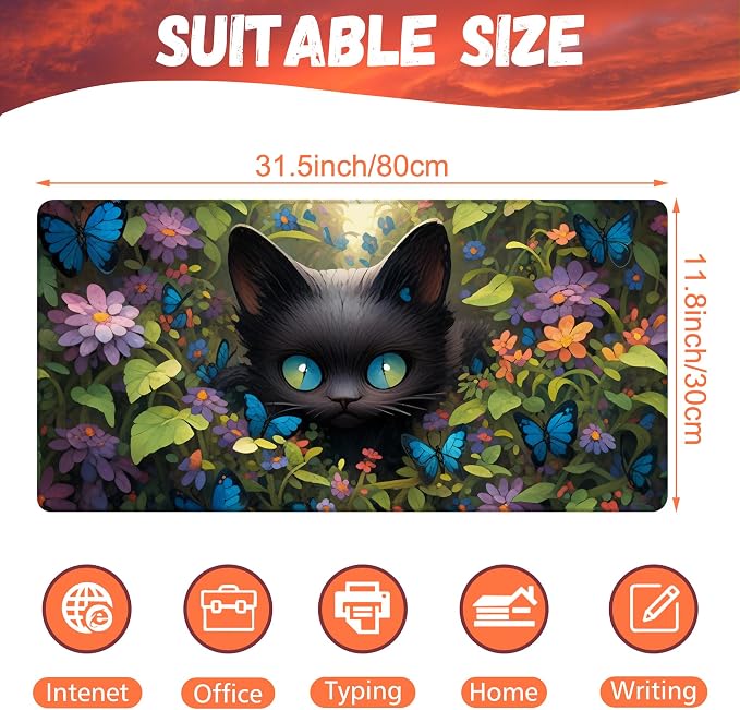 Desk Pad, Cute Black Cat Desk Mat, Cat Among Butterfly Flowers Large Gaming - Image 2
