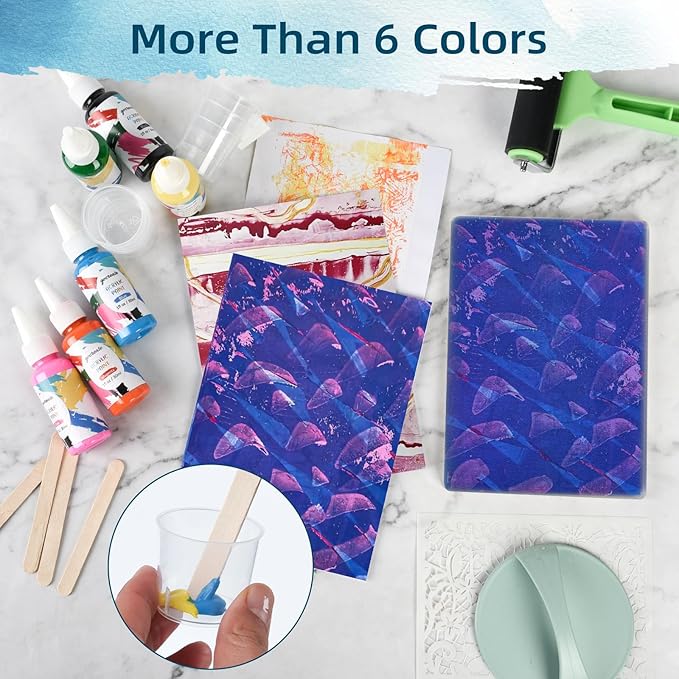Gel Printing Plate Kits with Paints, Washi Stickers, Mixing Cups, Blank Cards - Image 6