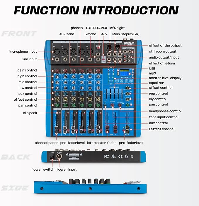 Professional Audio Mixer, 6 Channel, Input 48V Phantom Power Stereo Digital USB - Image 7