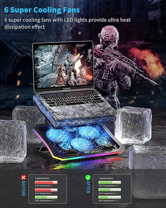 KeiBn Upgarde Laptop Cooling Pad, RGB Lights Laptop Cooler 6 Fans - Image 2