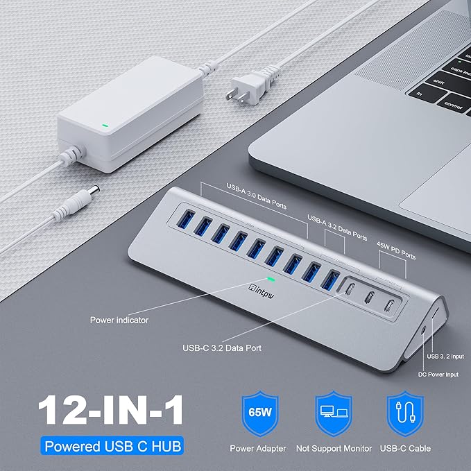 Powered USB Hub 10Gbps, intpw YH9AC 12 Port USB C Hub - Image 2