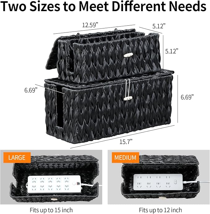 Black Cable Management Box, 2 Pack Large & Medium Rattan Cable Organizer Box - Image 5