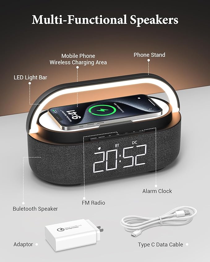 COLSUR Bluetooth Speaker with Wireless Charger, FM Radio, Dimmable LED Night - Image 4