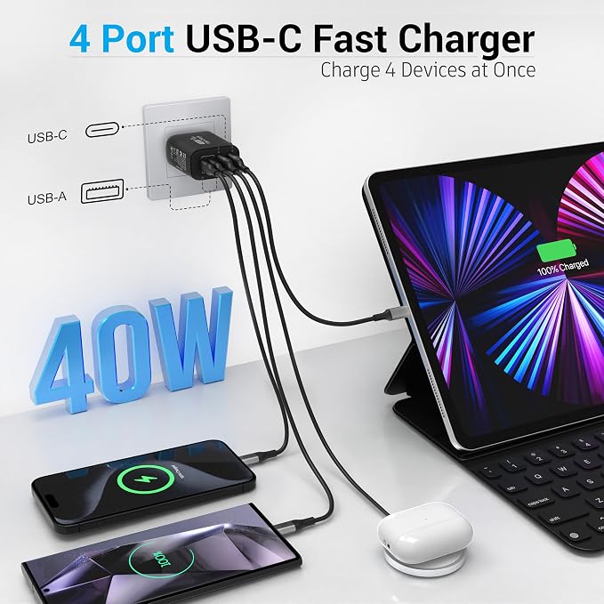 USB C Block 40W, 4 Ports Wall Plug Fast Charging Block, PD+QC Multiport Power - Image 5