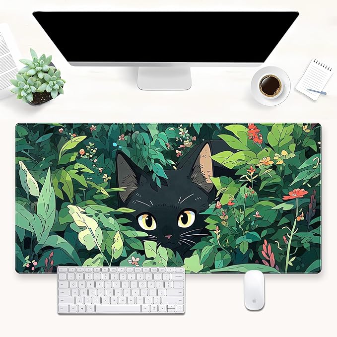 Black Cat Mouse Pad Cute Gaming Mousepad XL Kawaii Computer Mat 31.5 x 15.7 in by Cindasun