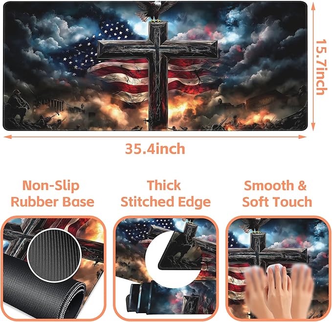 Mouse Pad Large A Cross with an Eagle Non-Slip Game Desk Mat with Stitched Edge - Image 3