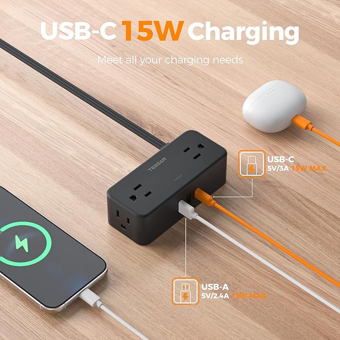TESSAN Black Extension Cord 5 Ft, Flat Surge Protector Power Strip - Image 4