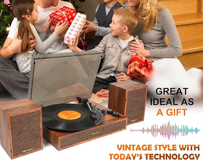 Vinyl Record Player with External Speakers, 3 Speed Bluetooth Turntable - Image 2