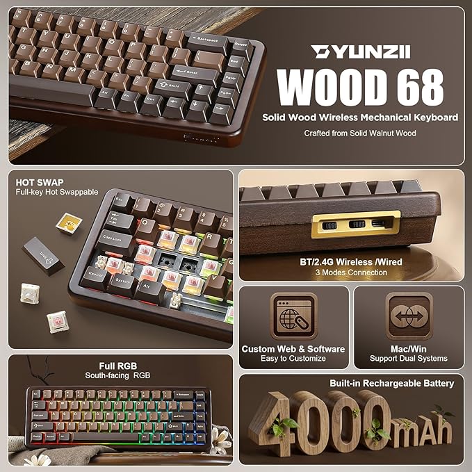 YUNZII WOOD68 Wireless Mechanical Keyboard, 65% Layout Wood Gaming Keyboard - Image 2