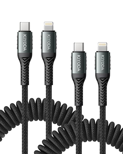 Coiled USB C iPhone Charger 3FT 2Pack, Braided Type C to Lightning Cable by KIYODA