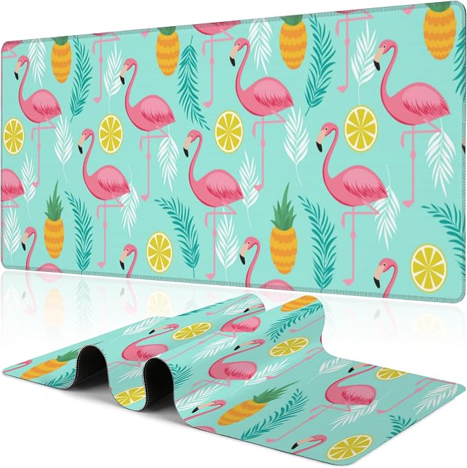 Pink Flamingo Desk Mat, Large Summer Flamingos Pineapples Tropical Leaves by NIYLYNSYN