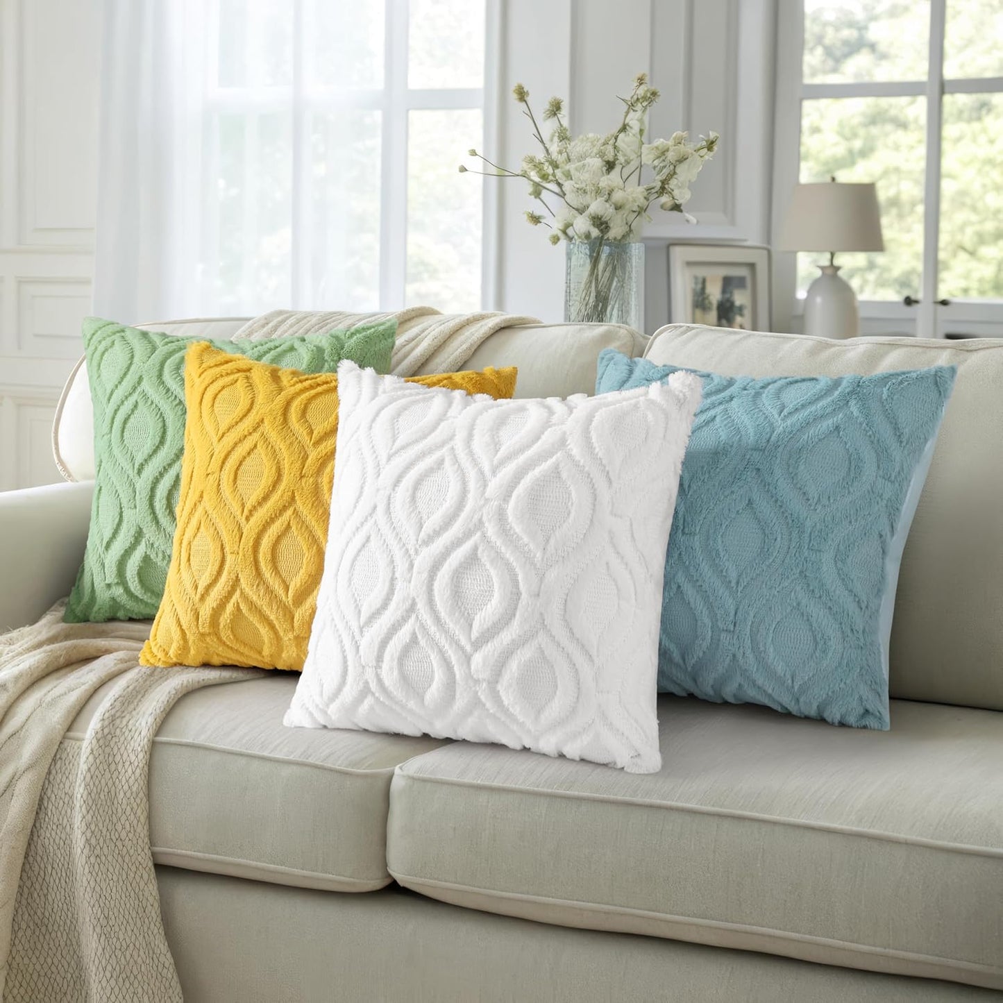 decorUhome Fall Throw Pillow Covers 22x22 Inch Set of 2, Soft Plush Decorative Faux Fur White Solid Couch Pillow Covers, Accent Farmhouse Neutral Square Euro Pillow Cases for Sofa Bed Living Room