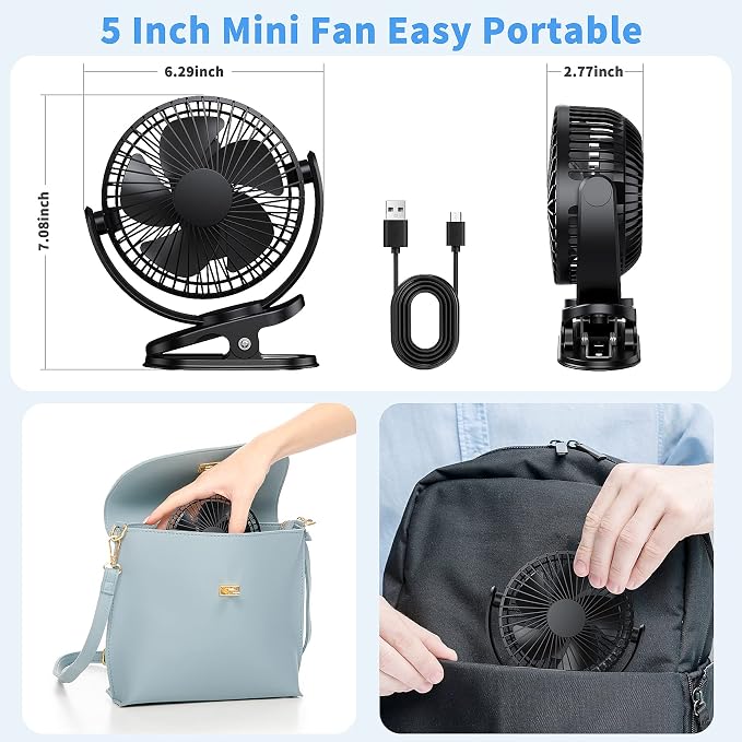 ATEngeus Rechargeable Clip-on USB Desk Fan, 3 Speeds, 5000mAh Battery, - Image 6