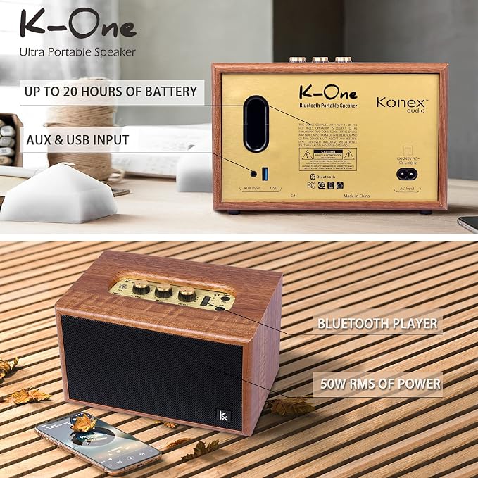 Retro Wooden Bluetooth Speaker, KONEX 40W Vintage Portable Wireless Speaker - Image 7
