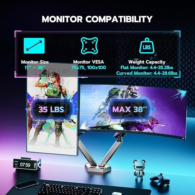 ARES WING RGB Dual Monitor Arm for 17-38" Ultrawide Screens, Holds 35.2lbs - Image 3