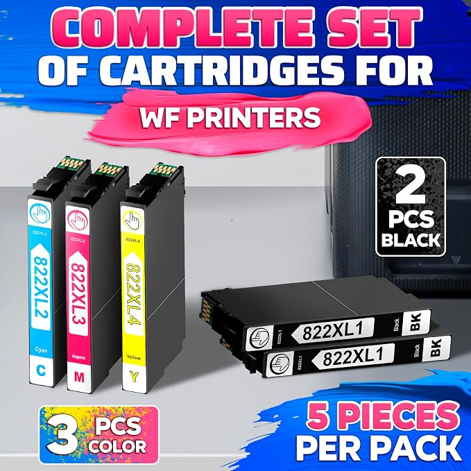 Reluen 5-Pcs 822XL Printer Ink Cartridges – High Capacity 2 Black & 3 Standard - Image 2
