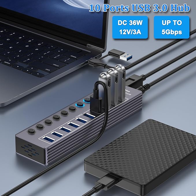 Powered 10-Port USB 3.0 Hub, USB C to 10 Ports USB Data Hub Splitter - Image 3