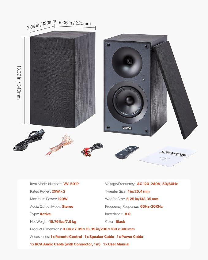 VEVOR Powered Bookshelf Speakers, 25W x 2, Active Studio Monitor Speaker - Image 7