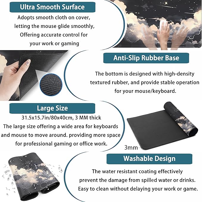 Black Anime Cloud Desk Mat XXL Large Gaming Mouse Pad Computer Laptop Mat - Image 3