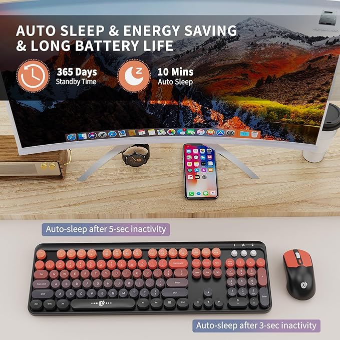 Wireless Keyboard and Mouse Combo, 104 Round Keys Cute Colorful Keyboard and - Image 5