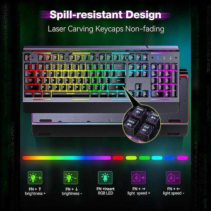 TECKNET Wired Gaming Keyboard, USB Wired Computer Keyboard, 15-Zone RGB - Image 6