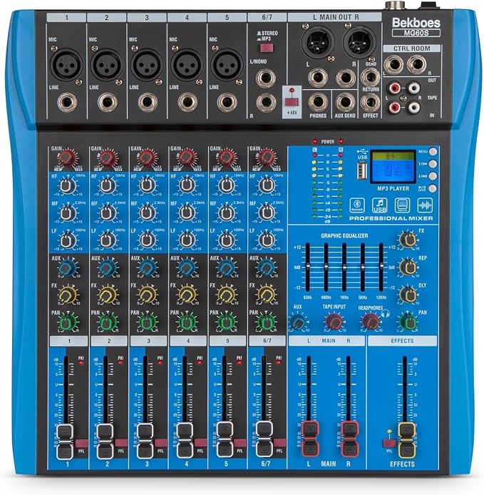 Professional Audio Mixer, 6 Channel, Input 48V Phantom Power Stereo Digital USB by BEKBOES