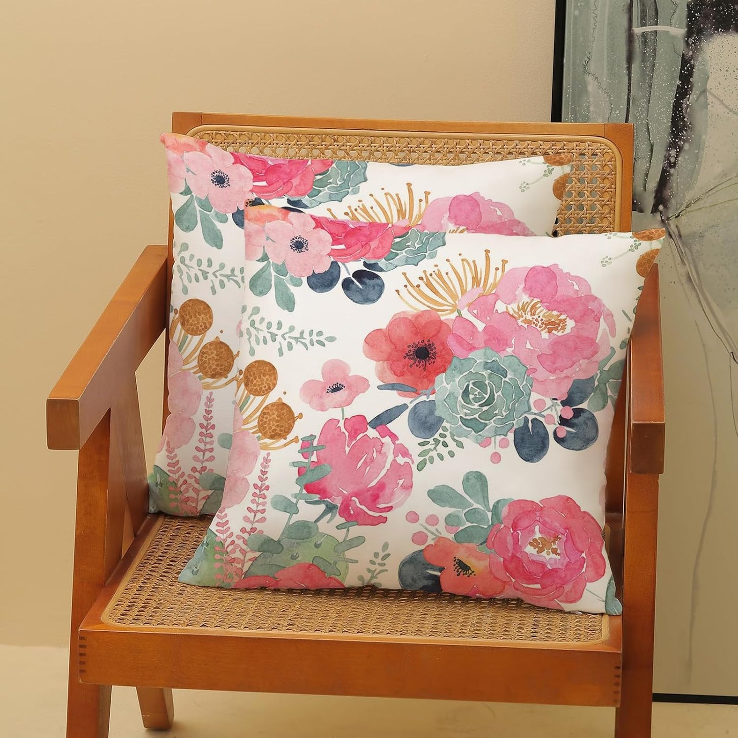 CXMEIFLY Spring Floral Pillow Covers 22 x 22 Inch Set of 2 for Watercolor Pink Flowers Decor Throw Pillows Green Leaves Plant Outdoor Decorative Cushion Cases with Zipper for Couch Bed Decorations