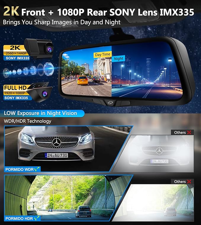 PORMIDO OEM 2K Rear View Mirror Camera, Smart Full Touchscreen Rearview WDR - Image 7