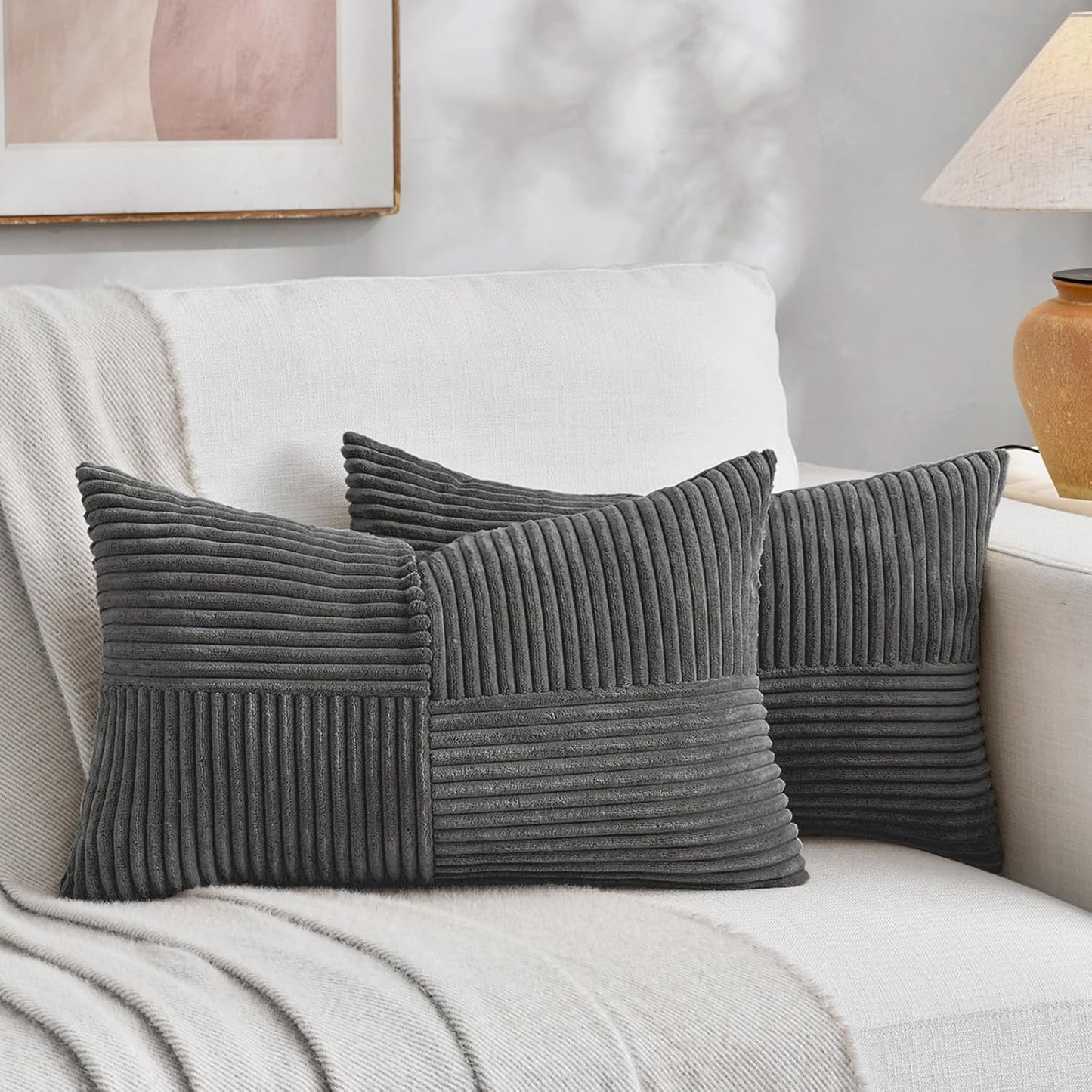 Fancy Homi 2 Packs Dark Gray Long Lumbar Decorative Throw Pillow Covers 12x24 Inch for Couch Bed Sofa, Rustic Farmhouse Boho Home Decor, Soft Striped Corduroy Rectangle Accent Cushion Case 30x60 cm