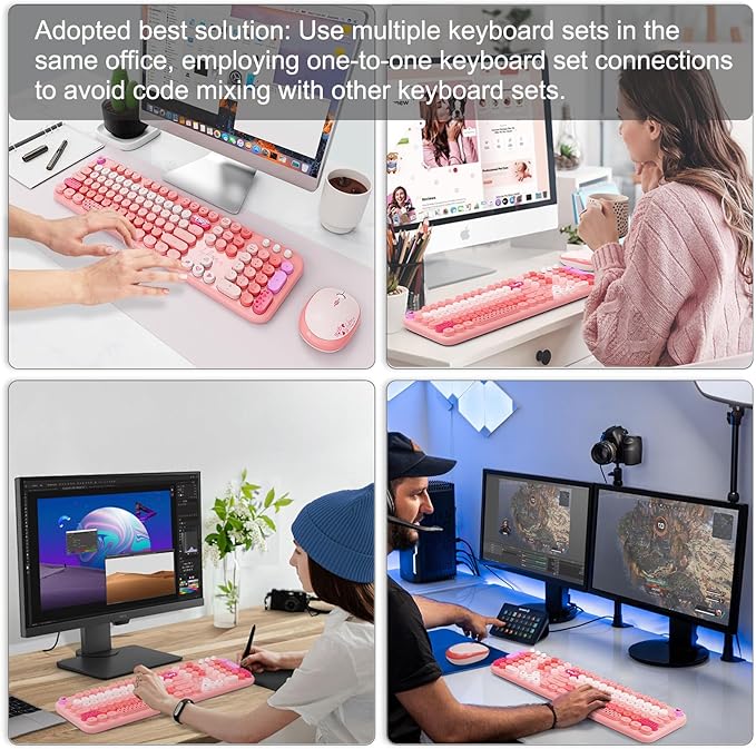 Wireless Keyboard and Mouse Combo, 104 Round Keys Full-Size Cute Colorful Pink - Image 9